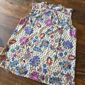 Floral Print Tank Top Sleeveless‎ Ruffle Neck Casual Blouse Bohemian S